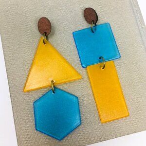 Post-Modern Minimalist Oversized Orange Blue Geometric Shapes Dangle Earrings